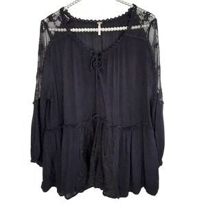 Free People Savannah‎ Embroidered Top L Boho Floral Fairy Whimsigoth Sheer Lace